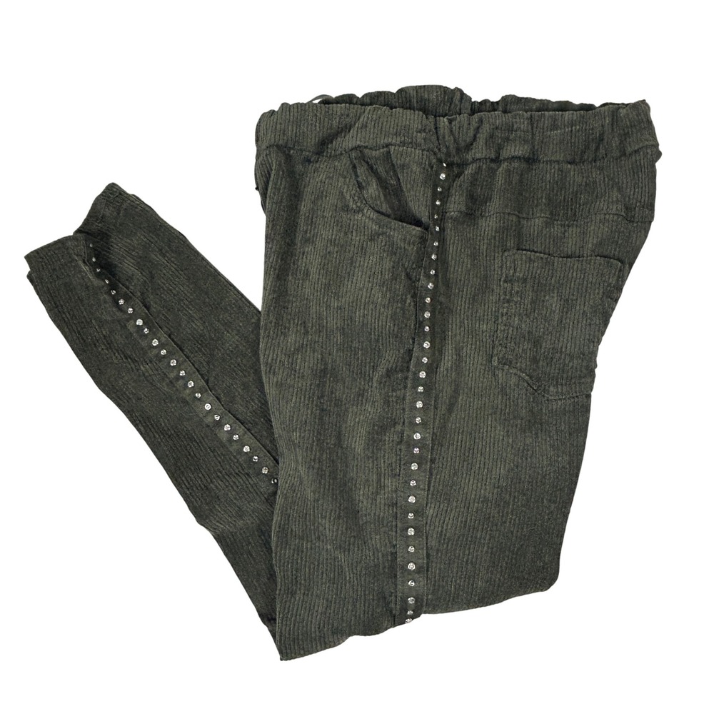 Corduroy Pants Womens M Olive Ribbed Pull On Stretch Tapered Studded‎ Italy